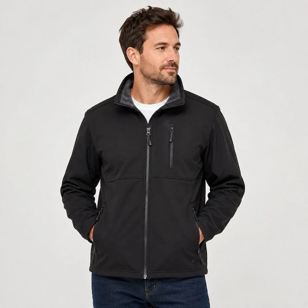 Swiss Tech Mens Large Black Softshell Jacket Fleece Lined Full Zip Pockets